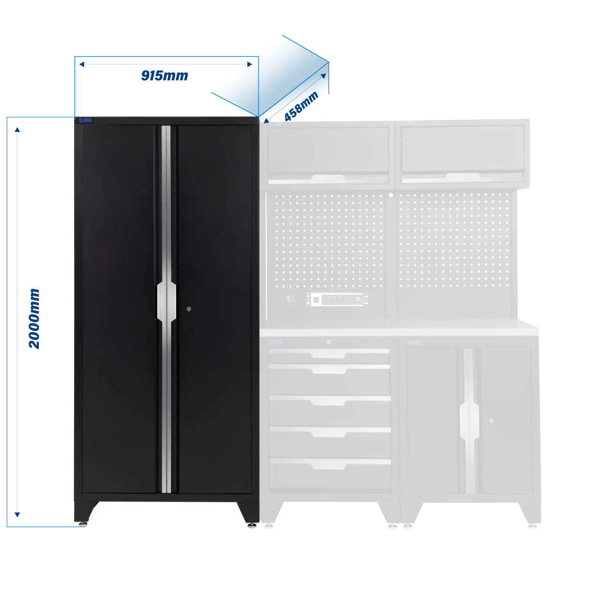 SGS 7pc Modular Garage Storage | 5 Drawers | Stainless Steel Worktop | Tall Double Cabinet | 2x Upper Cabinets | Pegboard with Power Strip